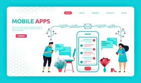 Vector illustration of communicate with mobile apps. Two people connected and Stock Illustration