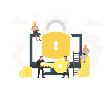 Vector illustration of computer and big lock on screen with small office people Stock Illustration