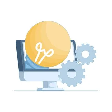 Vector illustration of computer, light bulb, and gears. Stock Illustration