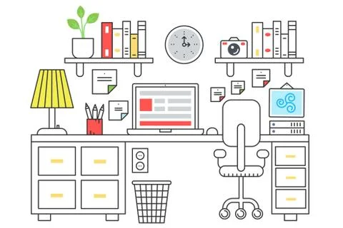 Vector illustration of a computer placed on an office desk. Flat color line Stock Illustration