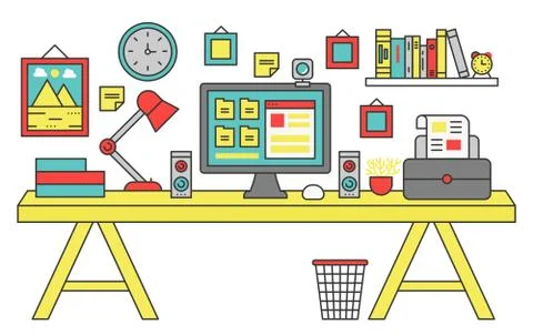 Vector illustration of a computer placed on an office desk. Flat color line Stock Illustration