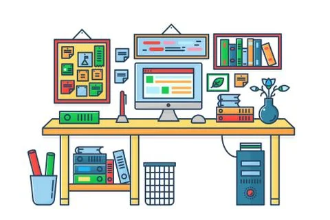 Vector illustration of a computer placed on an office desk. Room table flat 스톡 일러스트