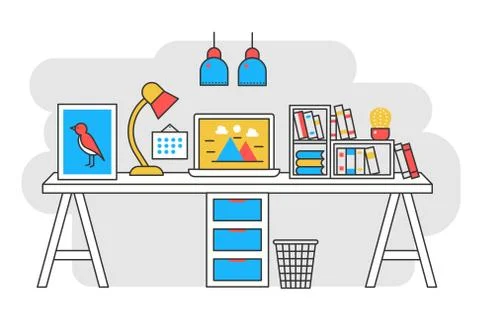 Vector illustration of a computer placed on an office desk. Flat color line Stock Illustration