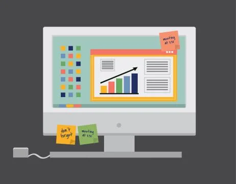 Vector illustration. Computer with statistical business data Illustrazione stock