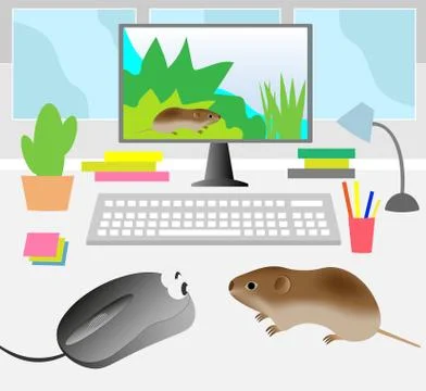 Vector illustration of a computer table with a computer and mice Stock Illustration