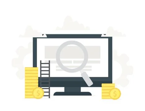 Vector illustration of computer under a magnifying glass on screen. Monitor with Illustrazione stock