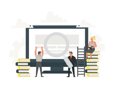 Vector illustration of computer under a magnifying glass on screen with small Stock Illustration