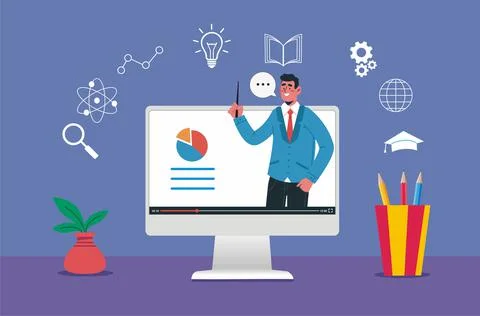 Vector illustration of a computer with video of virtual online teacher on a イラスト素材