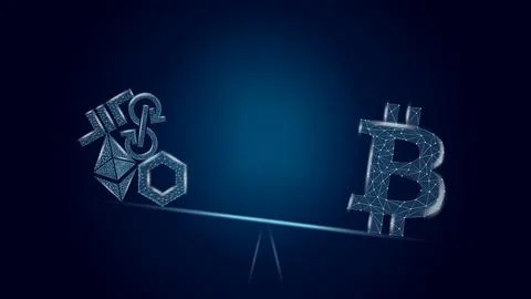 Vector illustration concept Bitcoin advantages over altcoins on dark blue Stock Illustration