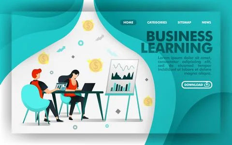 Vector illustration concept. Green Website Banner about business learning, wo Ilustração Stock