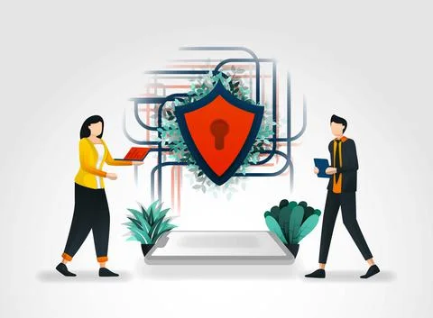 Vector illustration concept. People accessing data on internet and shields se Stock-Illustration