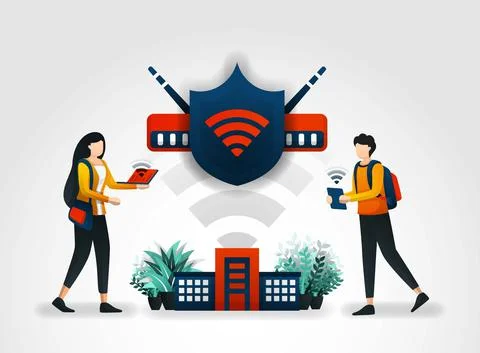 Vector illustration concept. students are accessing internet safely using a w 库存插图