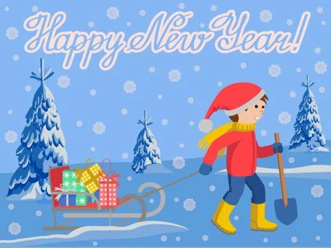 Vector illustration of congratulation card new year with little child pulling a Stock Illustration