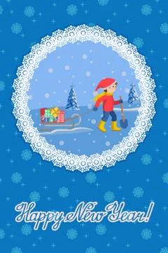Vector illustration of congratulation card new year with little child pulling a Stock Illustration
