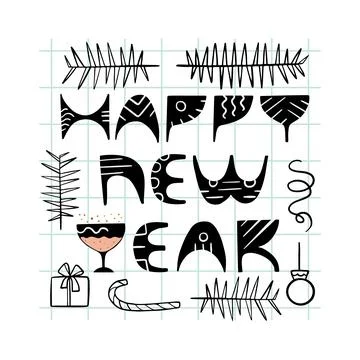 Vector illustration with congratulation Happy new year and decors. Black text Stock Illustration