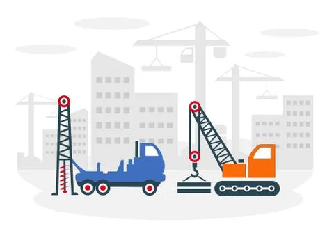 Vector illustration of a construction site with a crane and a drilling machine. Stock Illustration