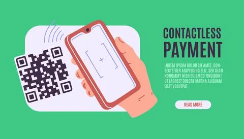 Vector illustration of contactless payment using phone and QR code. Stock Illustration