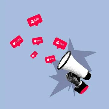 Vector illustration. Contemporary art collage. Hand with megaphone spreading 스톡 일러스트