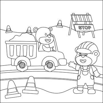 Vector illustration of contruction vehicle with cute litle animal driver. Stock Illustration