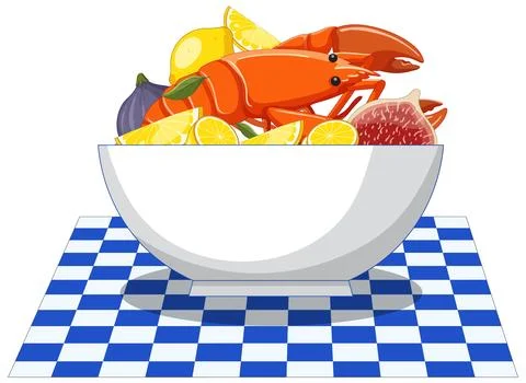 Vector Illustration of Cooked Lobster with Lemon and Figs in Bowl Stock Illustration