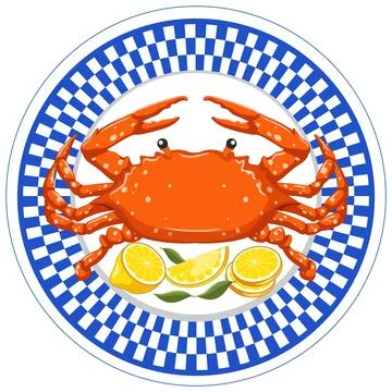 Vector Illustration of Cooked Red Crab on Blue Checkered Plate Stock Illustration