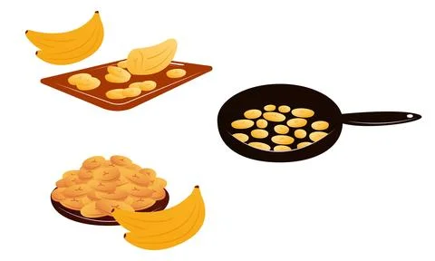 Vector illustration of cooking and serving Tajadas fried banana slices Plantain Stock Illustration