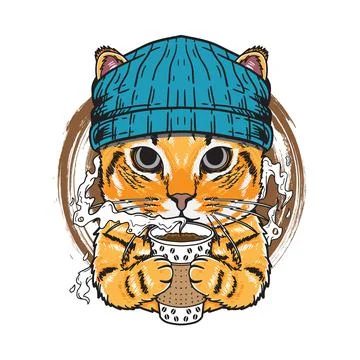 Vector illustration cool cat holding warm coffee cup flat cartoon style Stock Illustration