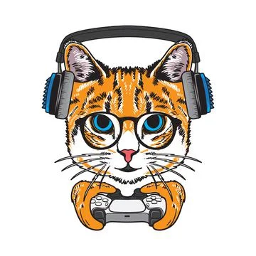 Vector illustration cool cat holding gaming controller flat cartoon style Stock Illustration
