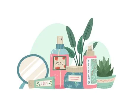 Vector illustration with cosmetics for face care. Home cosmetic care. Stock-Illustration
