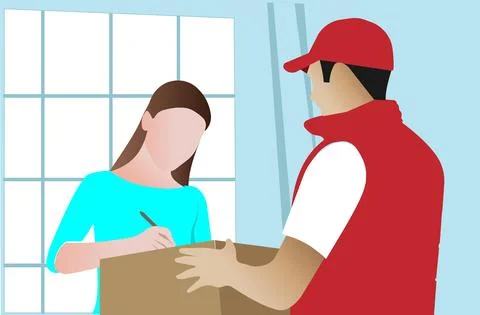 Vector illustration of a courier delivering a parcel to a customer. Stock Illustration