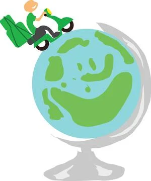 Vector illustration of a courier, delivering parcels around the globe - package Stock Illustration