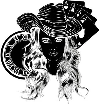 Vector illustration of Cowgirl with poker aces and clock Stock Illustration