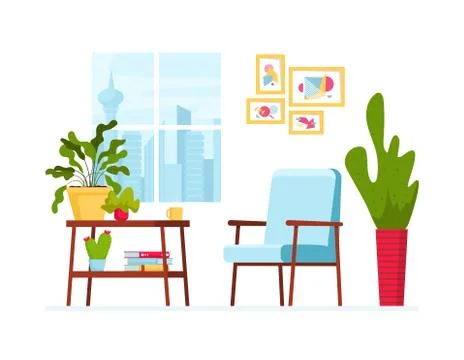 Vector illustration with cozy interior. Window, table with house plants, scan Stock Illustration