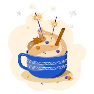Vector illustration of a cozy red cup with topping and sparklers. Stock Illustration