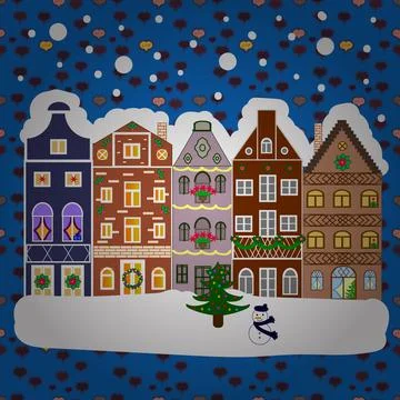 Vector illustration. Creative christmas background. Landscape with winter houses イラスト素材
