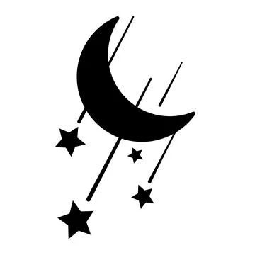 Vector illustration with crescent moon. Black silhouette of shooting stars Stock Illustration