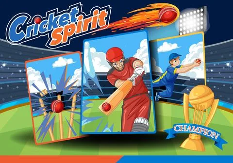 Vector illustration of cricket players in action with a gold trophy in a stad Stock Illustration