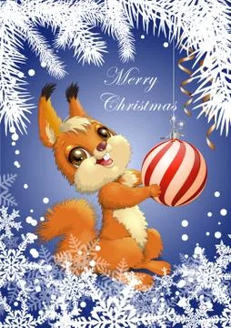 Vector Illustration Cristmas with cute squirrel Merry Cristmas greeting card Stock Illustration
