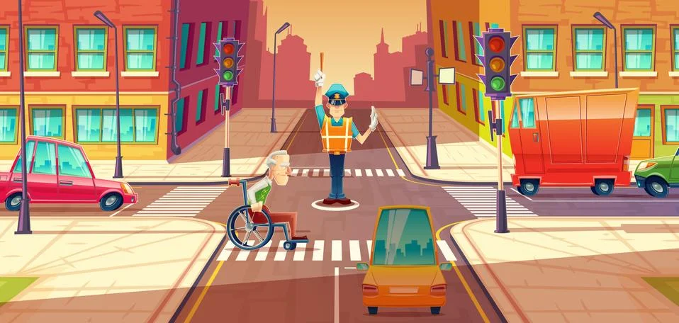 Vector illustration of crossing guard adjusting transport moving, city Illustration