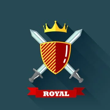 Vector illustration with crossing swords, shield and crown in flat design with Stock Illustration