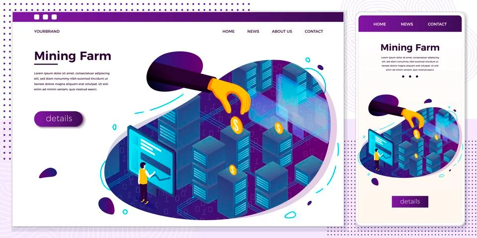 Vector illustration - cryptocurrency mining farm process, mans hand taking money Stock Illustration