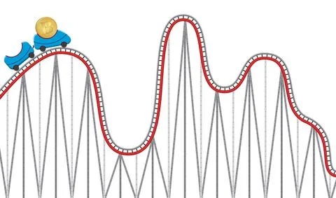 Vector illustration of cryptocurrency on a roller coaster. Instability currency Stock Illustration