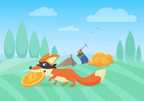 Vector illustration of cunning fox thief stealing bitcoin from hardworking miner Stock Illustration