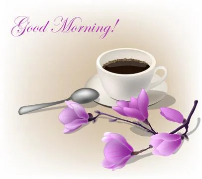 Vector illustration, cup of coffe espresso and a magnolia branch. Wods Good Stock Illustration