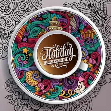 Vector illustration with a Cup of coffee and holidays doodles イラスト素材