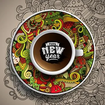 Vector illustration with a Cup of coffee and hand drawn New Year Stockillustratie