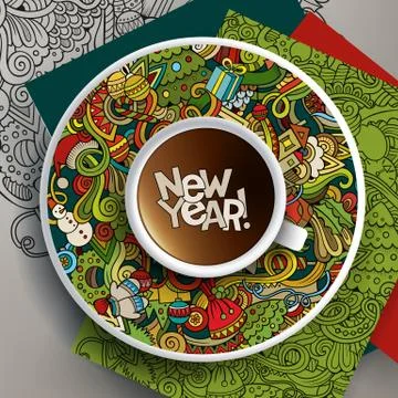 Vector illustration with a Cup of coffee and hand drawn New Year Illustrazione stock