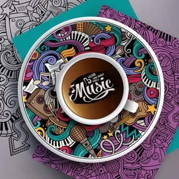 Vector illustration with a Cup of coffee and musical doodles イラスト素材