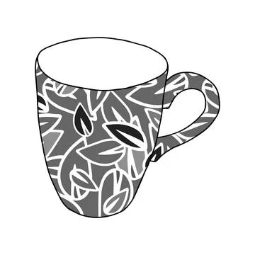 Vector illustration of a cup for hot tea or coffee with gray leaves pattern on a Illustrazione stock