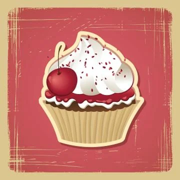 Vector illustration of cupcake with cherry. Vintage card Illustrazione stock